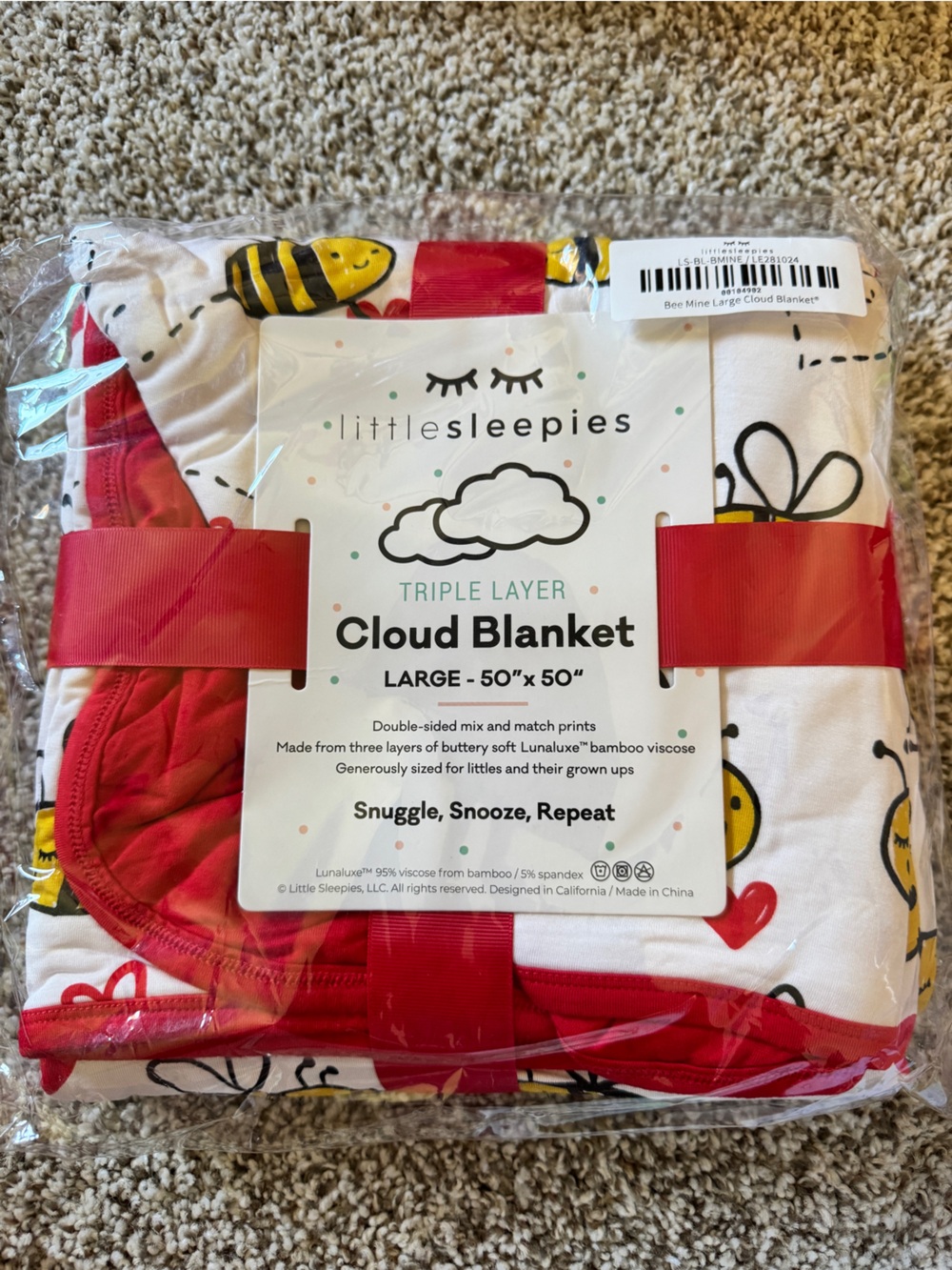 Little Sleepies White Blanket with Red Trim and Yellow Bee Accents